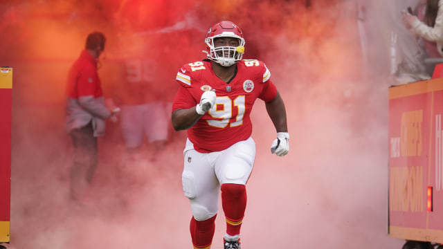 Dec 25, 2023; Kansas City, Missouri, USA; Kansas City Chiefs defensive tackle Derrick Nnadi (91) is introduced against the Las Vegas Raiders prior to a game at GEHA Field at Arrowhead Stadium. Mandatory Credit: Denny Medley-USA TODAY Sports  